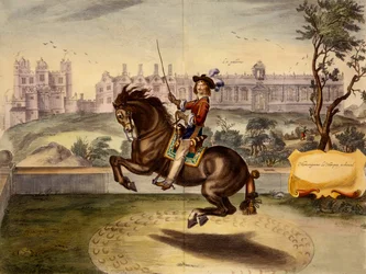 Cavendish exécutant une volte, avec le château de Bolsover et son manège en arrière-plan, extrait de The Method and New Invention of Dressing Horses par William Cavendish, publié en 1737 (2e éd.)